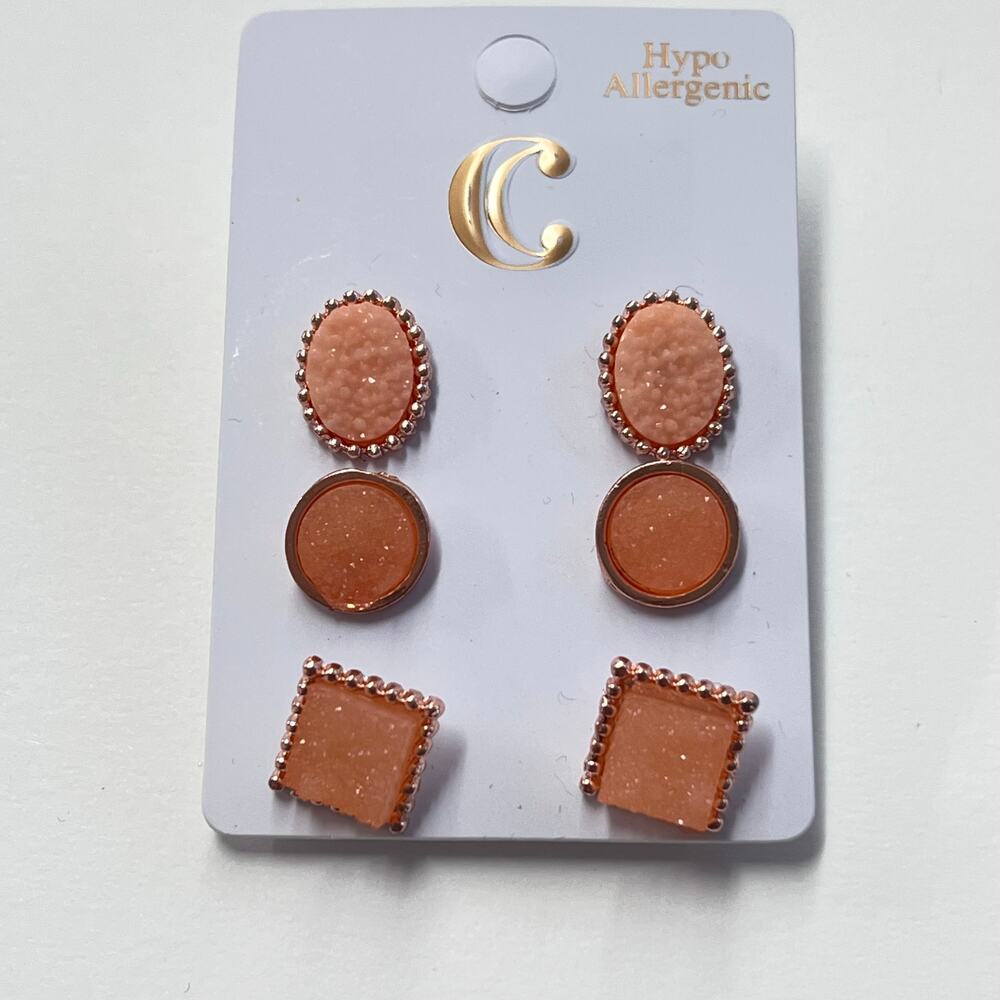 Chic Peach Rose Gold Earrings Set of 3 Hypoallergenic - Picture 2 of 4